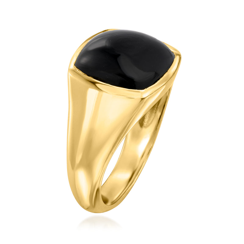 Gold-plated onyx ring with square black stone and sculpted open-top band
