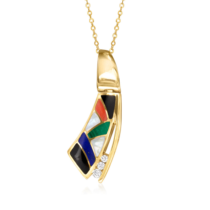 14kt yellow gold pendant necklace with multicolor inlay and diamond accents