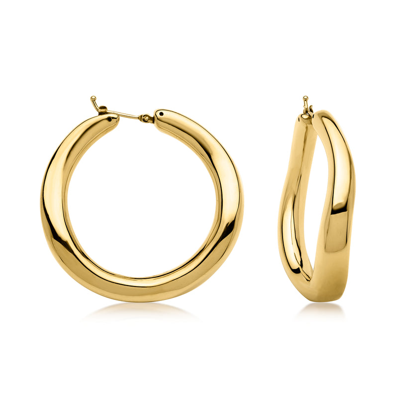 18kt yellow gold wavy hoop earrings with hinged clasp and polished finish