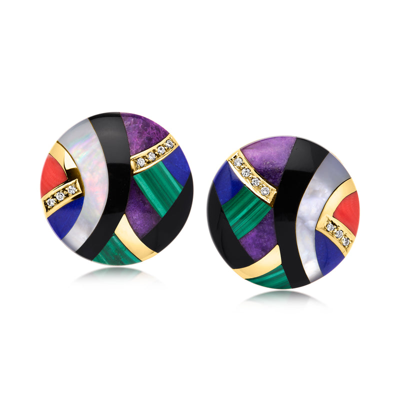 Yellow gold disc earrings with multicolor gemstone inlay and diamond accents, round design
