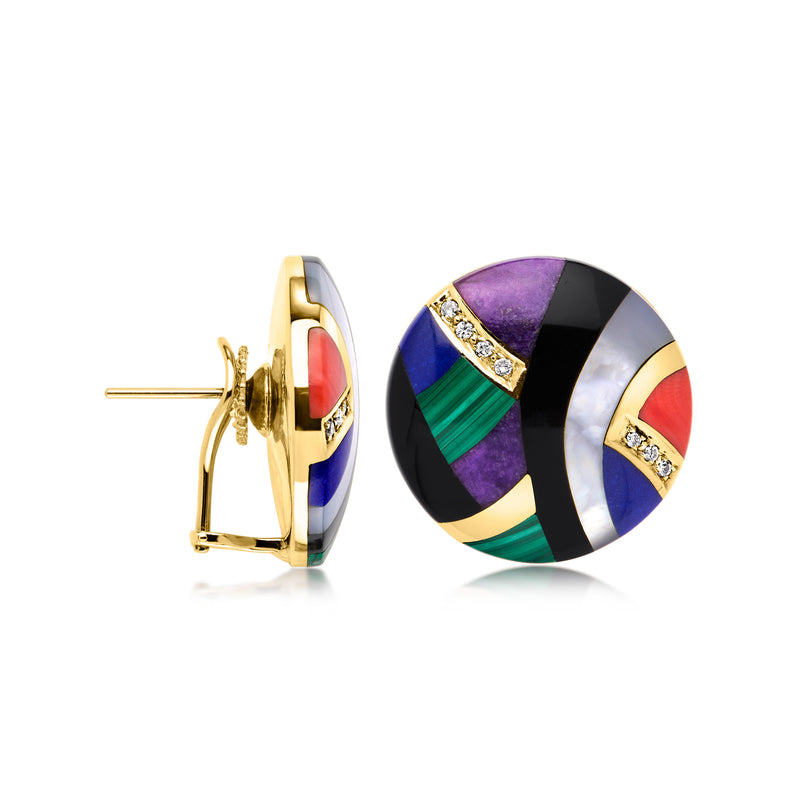 Yellow gold clip/post disc earrings with multicolor gemstone inlay and diamond accents