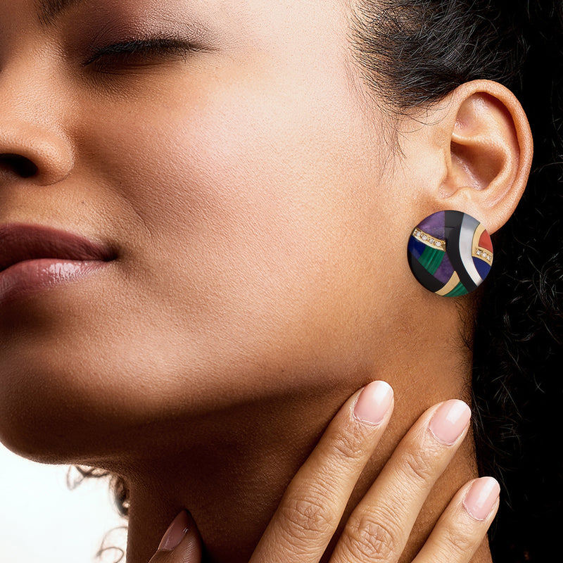 Round multicolor gemstone inlay disc earrings with diamond accents in yellow-gold setting