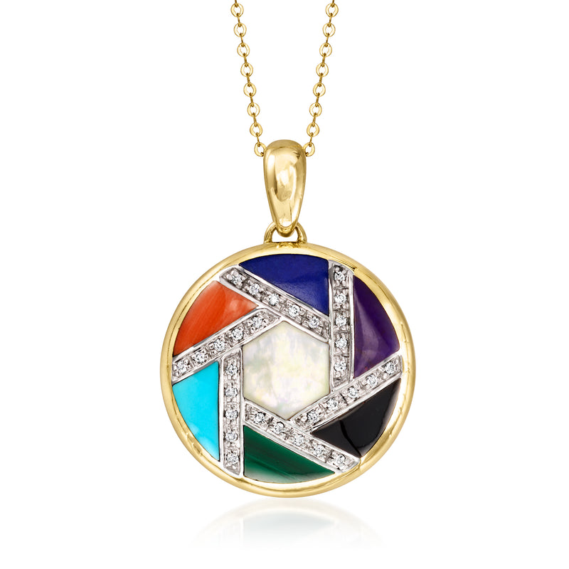 14kt yellow gold round pendant with multicolor gemstone inlay and diamond accents