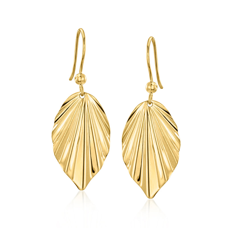 10kt yellow gold leaf drop earrings, ridged shell design, hook earwires