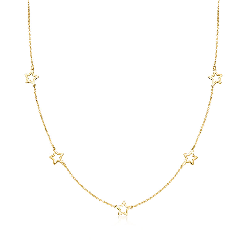 10k yellow gold star station necklace with five open-space stars on a fine chain