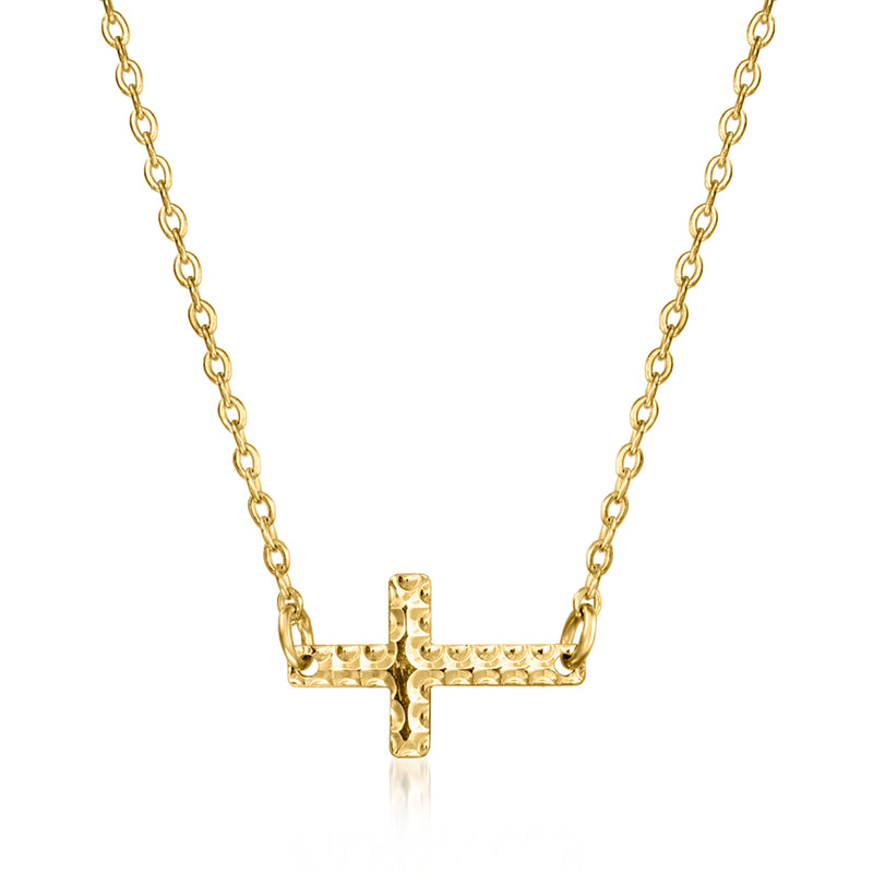 10kt yellow gold sideways cross necklace with chain, rectangular link, polished finish