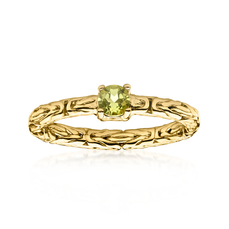 Gold Byzantine ring with square peridot-green center gemstone
