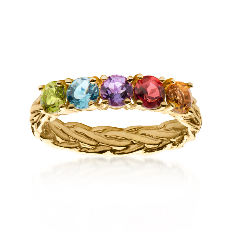 Multi-gemstone ring with gold-tone textured band and five colorful round stones