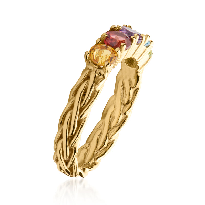 Gold-tone multi-gemstone ring with prong-set oval stones in purple, red, and yellow