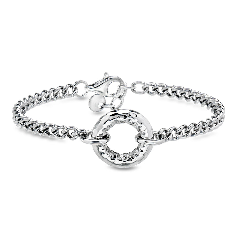 Sterling silver curb-link bracelet with round circle centerpiece charm and clasp