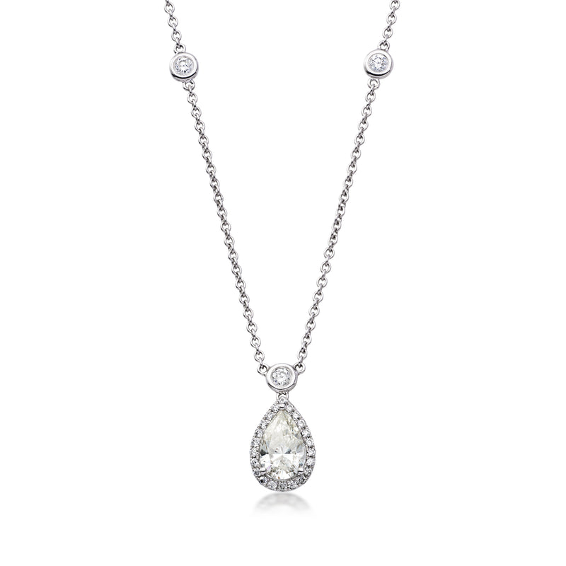Vintage diamond station necklace, 18kt white gold chain with round and pear drop pendants
