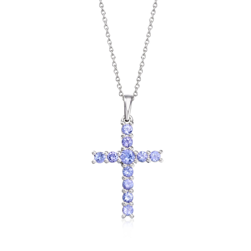 Sterling silver cross pendant necklace with oval blue gemstone clusters, fine chain