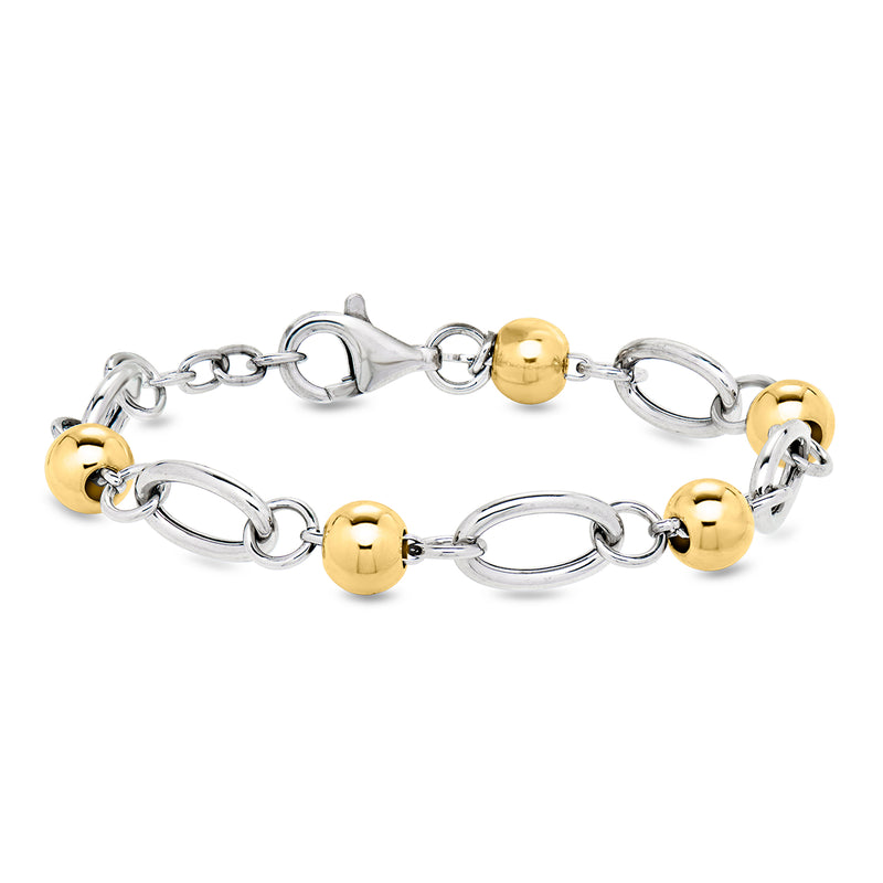 Oval-link bracelet with gold-tone beads and sterling-silver links, clasp visible