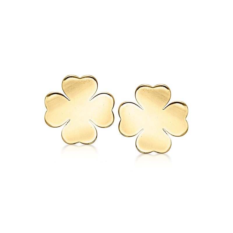 14kt yellow gold clover stud post earrings, four-leaf clover shape with smooth edges