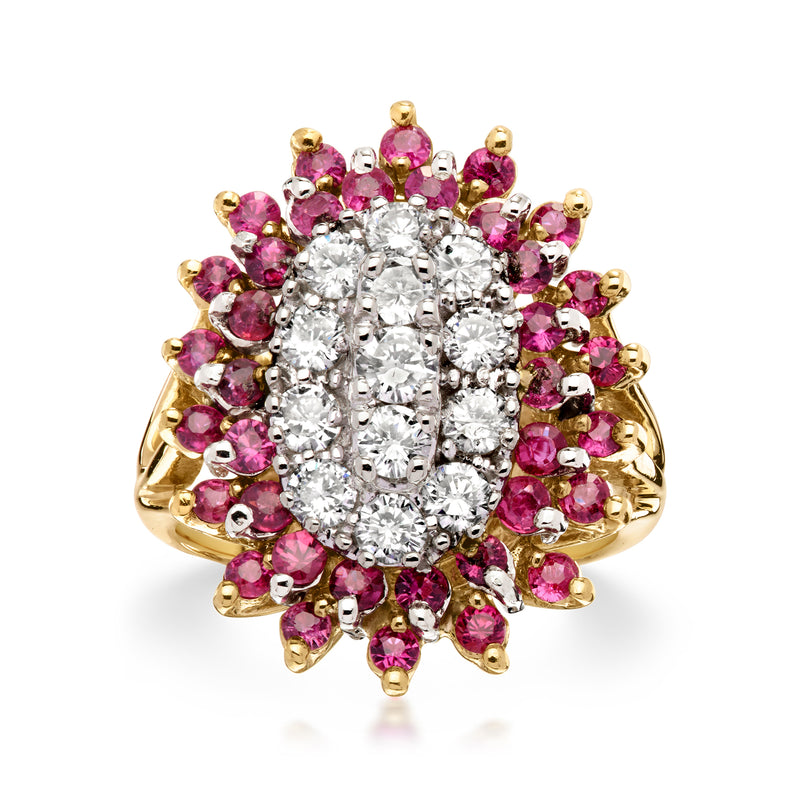 14kt yellow gold ring with oval diamond cluster center and pink ruby halo