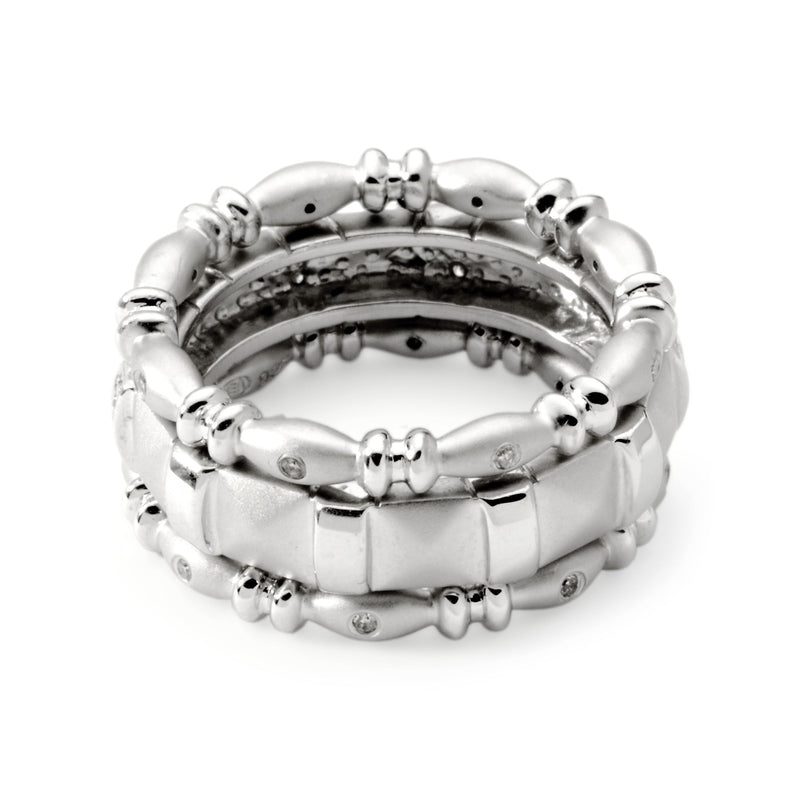 Sterling silver eternity band trio with diamond stones and bead-like borders, top view