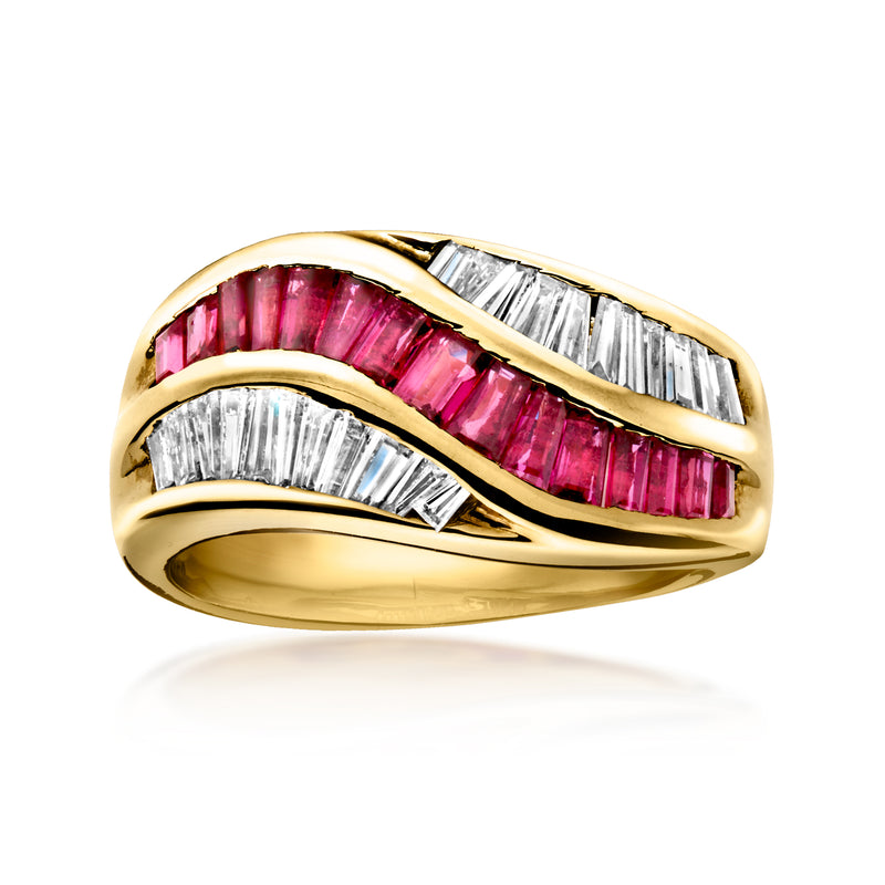 18k yellow gold wave ring with pink rubies and clear baguette diamond accents