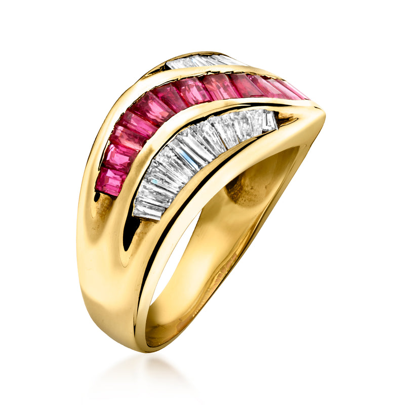 Yellow gold wave ring with pink ruby channel settings and clear baguette diamonds
