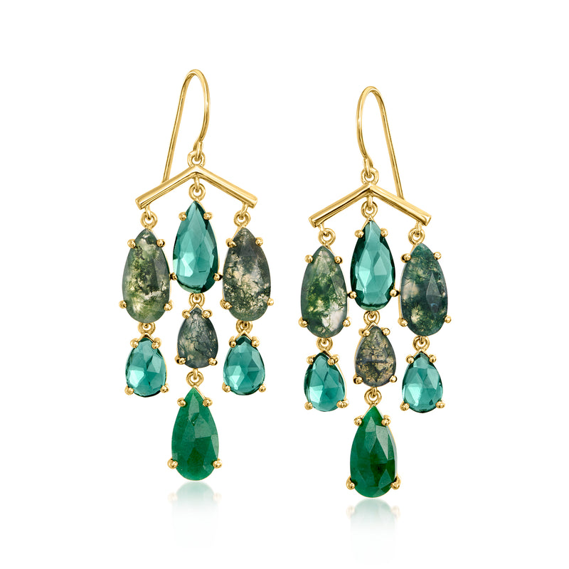 Gold-plated chandelier earrings with teal oval gemstones and wire hooks