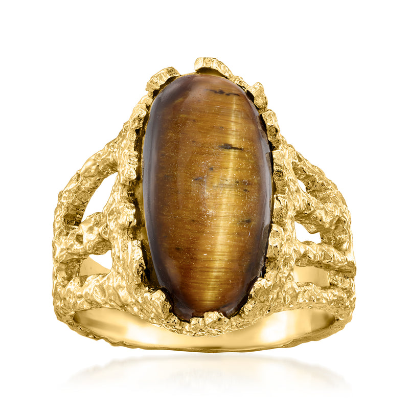 Gold-plated ring with oval tiger eye cabochon, textured openwork band