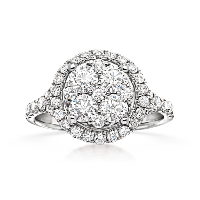 White gold halo diamond cluster ring with oval center stone and round side diamonds