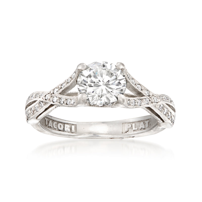 Tacori platinum diamond ring with round center stone and pavé band