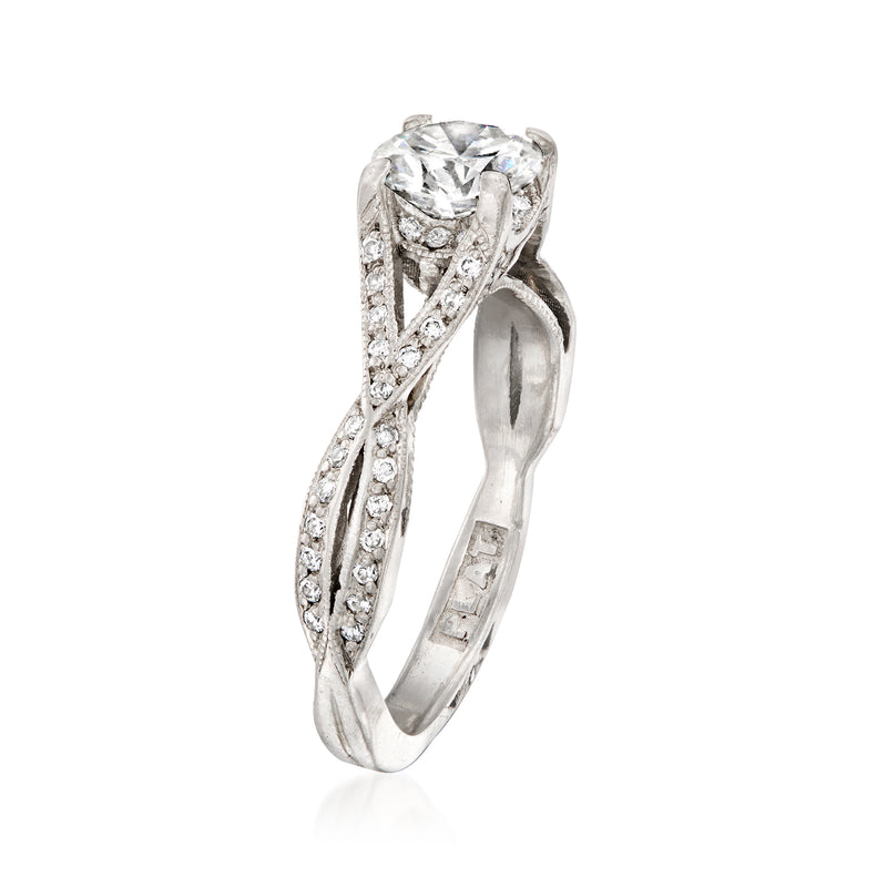 Tacori platinum diamond ring with twisted pavé shank and round center stone