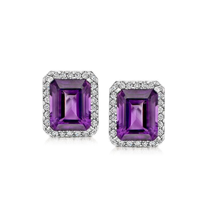 Amethyst and diamond stud earrings with square halo, 14kt white gold posts