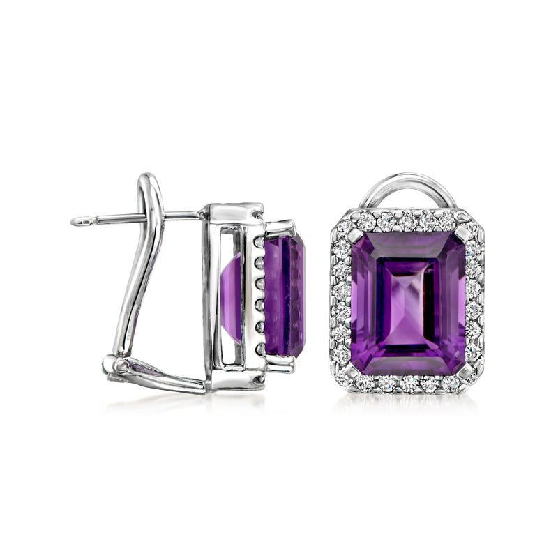 Amethyst and diamond clip-post earrings with purple cushion centers and halo trim