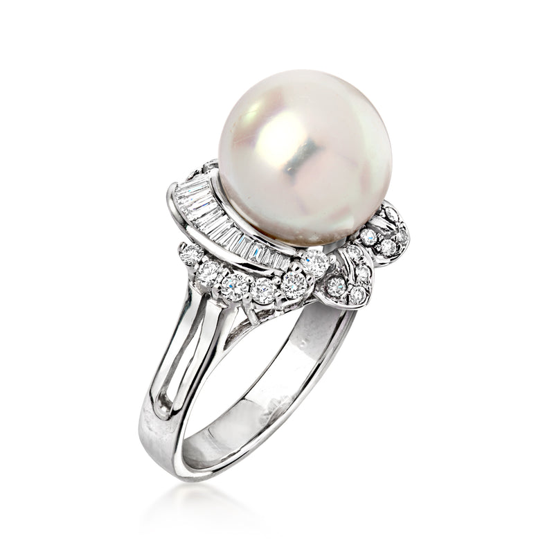 Cultured pearl diamond ring with oval halo detail and milgrain edges, white gold band