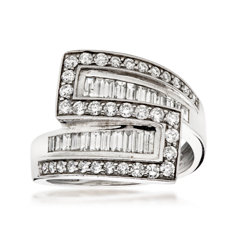 14kt white gold bypass diamond ring with baguette and round stones