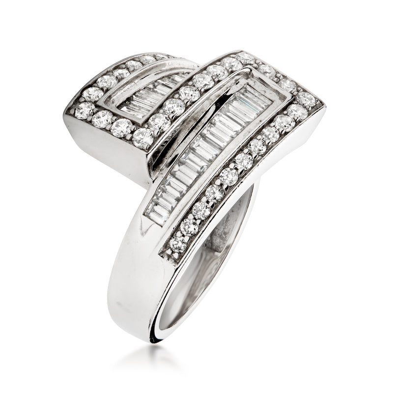 14kt white gold diamond bypass ring with baguette center and round halo stones