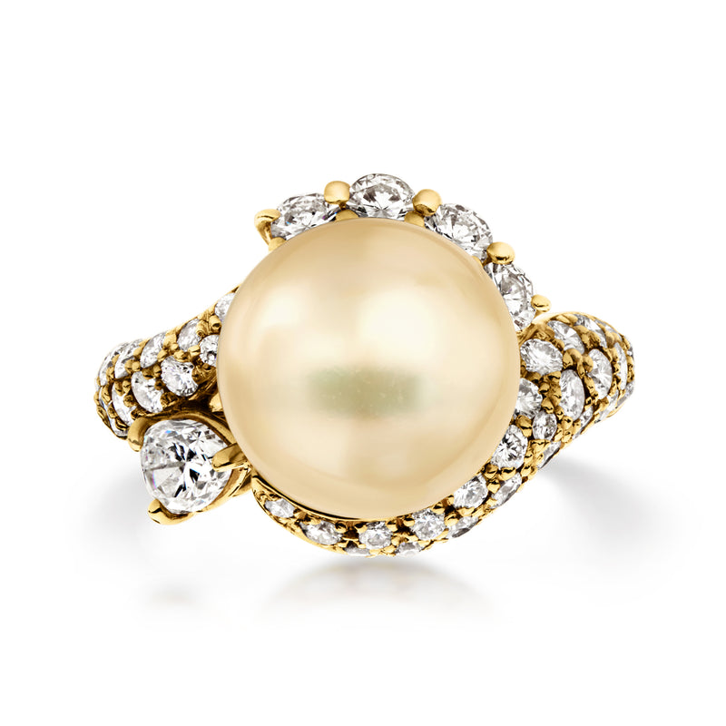 18k yellow gold ring with large golden cultured pearl and diamond halo, size 5.5