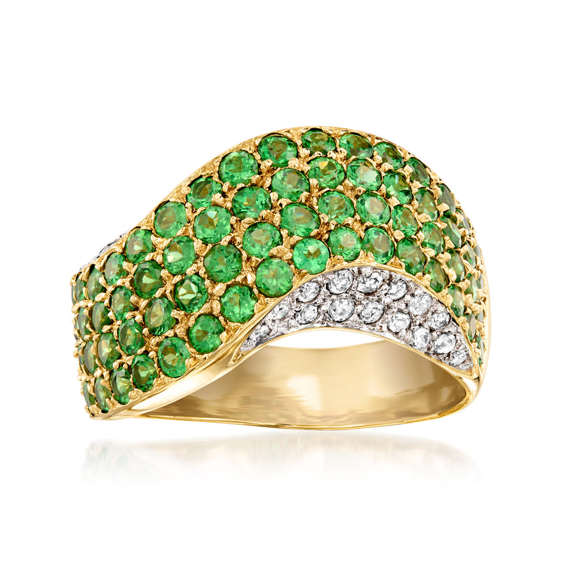 Vintage 14kt yellow gold wave ring with tsavorite and diamond pavé