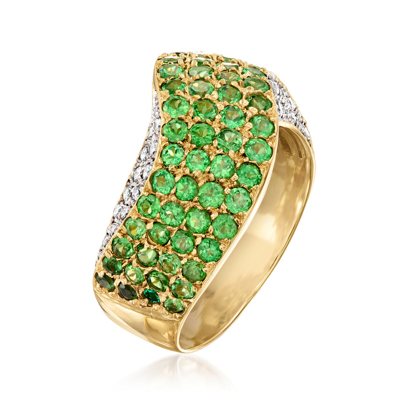 Vintage tsavorite and diamond wave ring in 14kt yellow gold