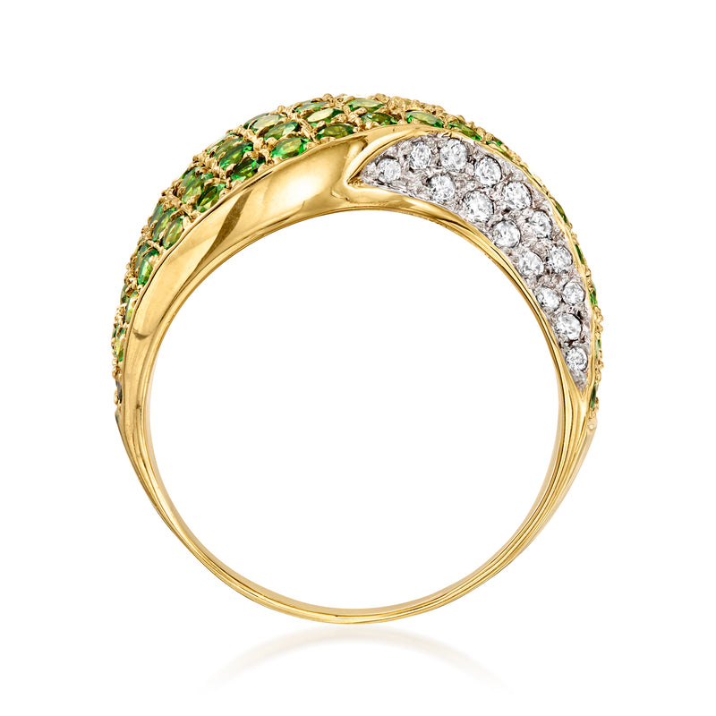 Vintage 14kt yellow gold wave ring with tsavorite and diamond pavé