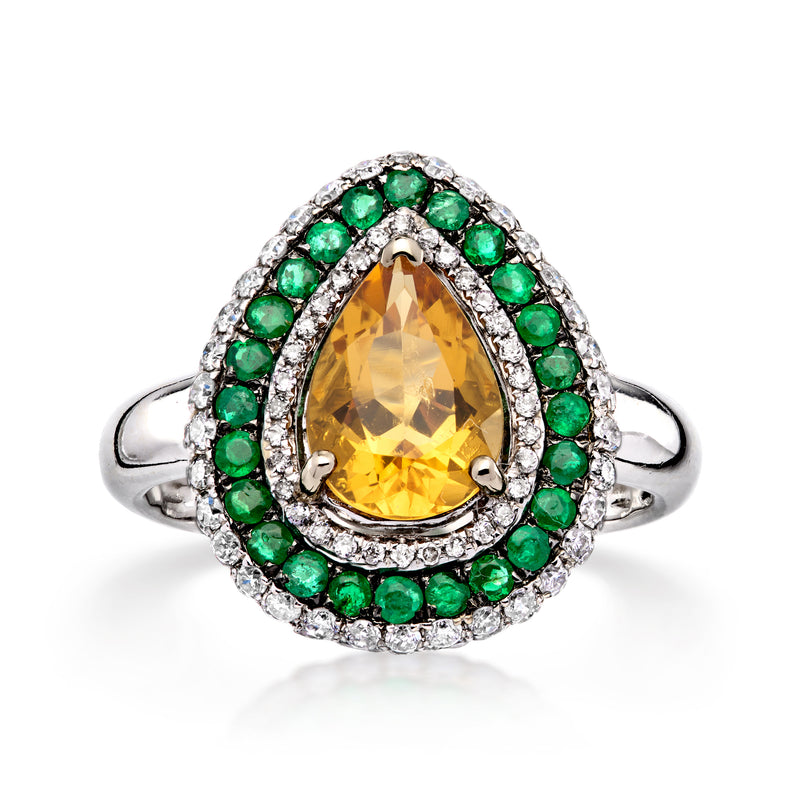 Citrine pear-cut ring with emerald green bezel and diamond halo, 18k white gold
