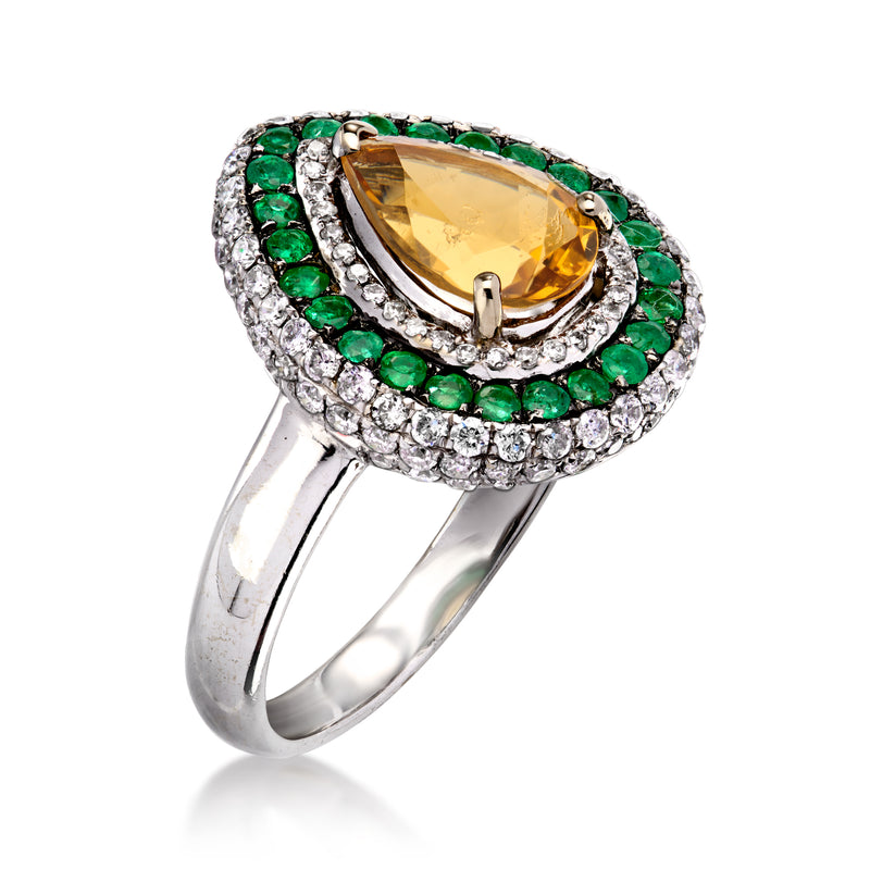 Vintage citrine ring with diamonds and emeralds in white gold