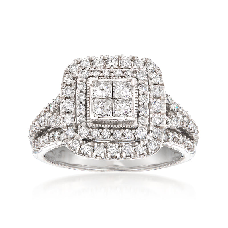 14kt white gold diamond cluster ring with square center and pavé halo