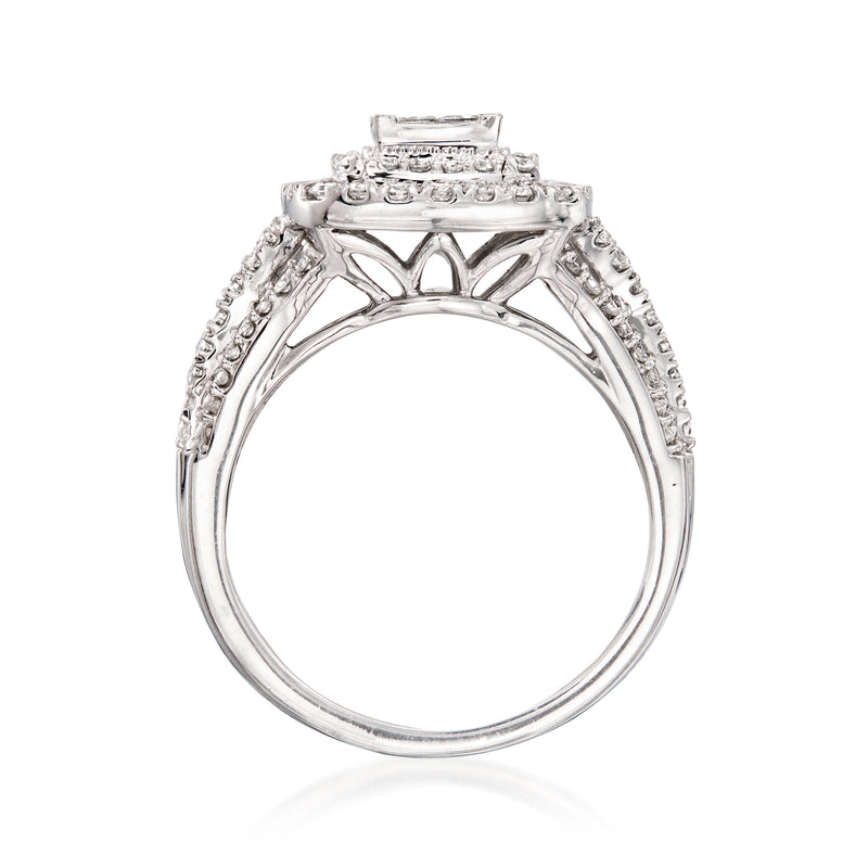Diamond cluster ring in 14kt white gold, side view with split shank