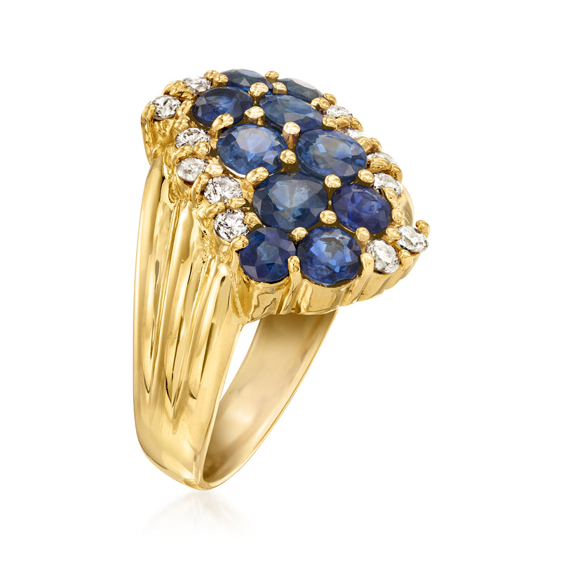 18k yellow gold ring with blue sapphire cluster and round diamond accents