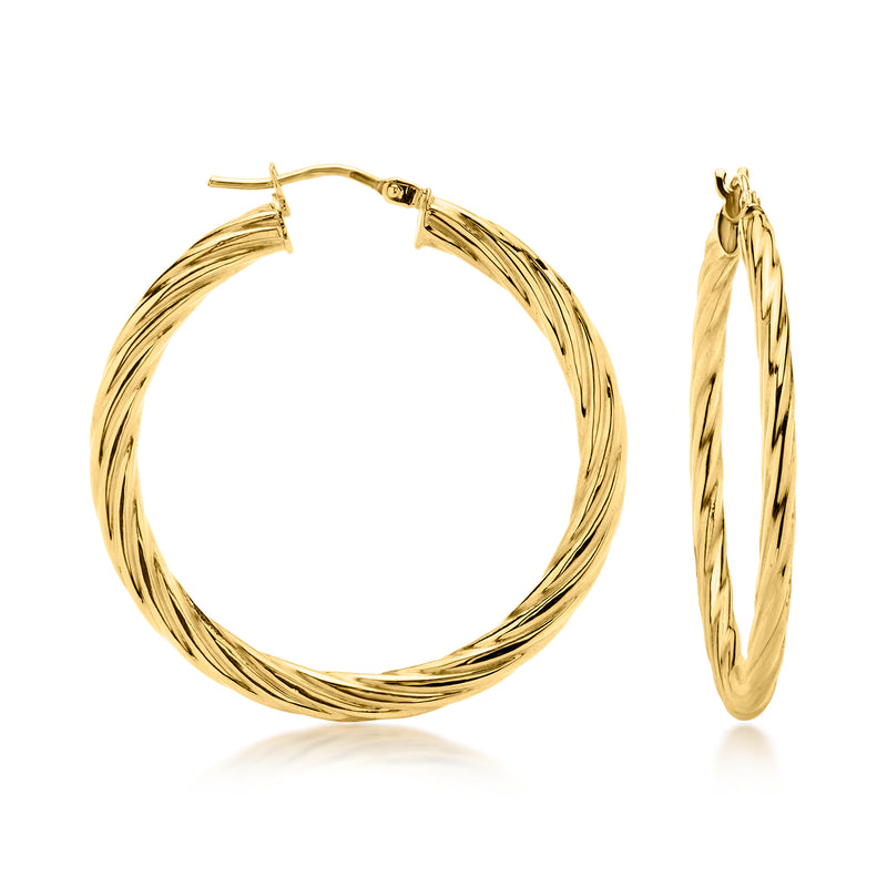 Yellow gold flat twisted hoop earrings with hinged clasp and polished shine