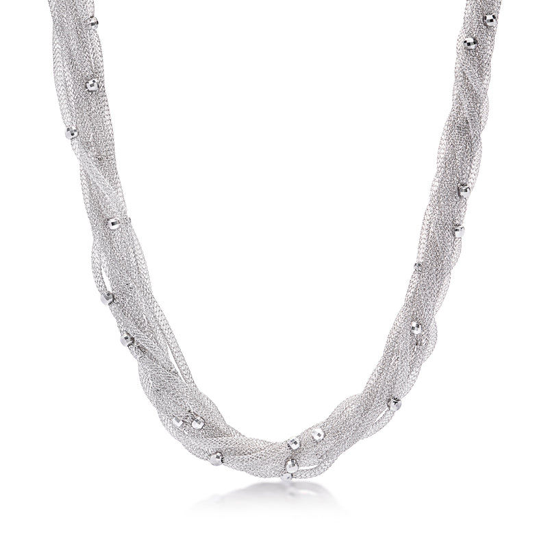 Sterling silver beaded multi-strand mesh necklace with small bead accents.