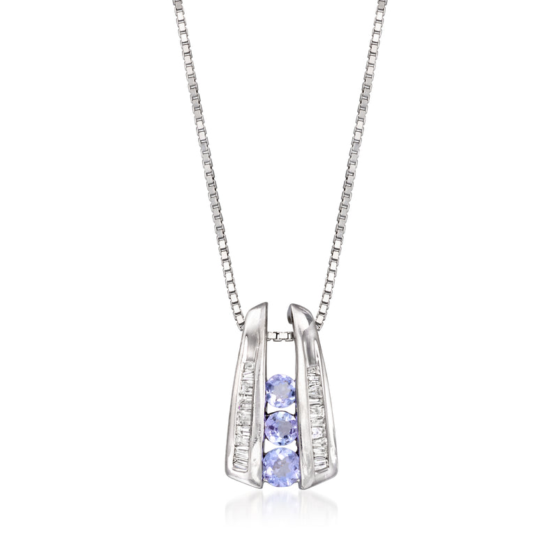 White gold pendant necklace with blue-violet gemstone and diamond accents, close-up