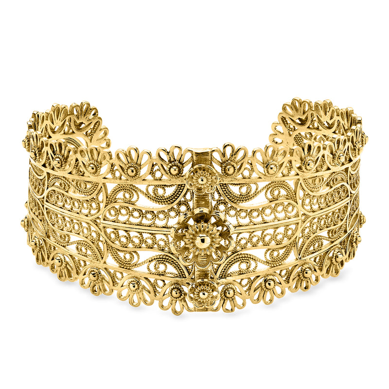 Gold-plated floral filigree cuff bracelet with ornate openwork pattern