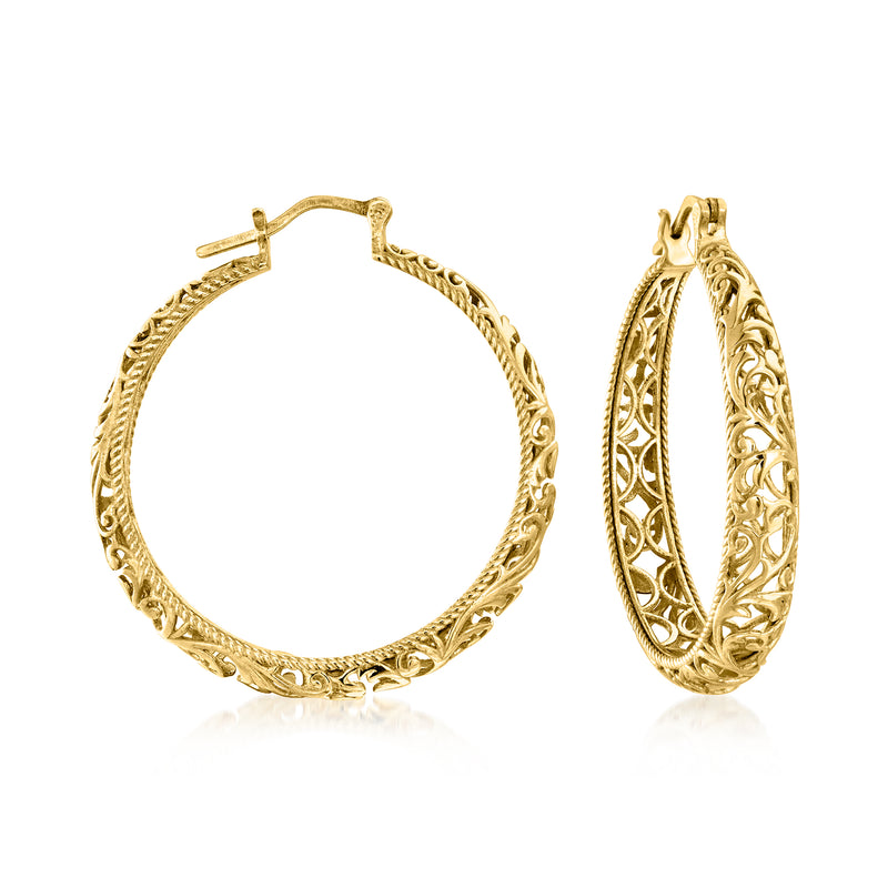 Gold-plated hoop earrings with scrollwork and braided edge detail