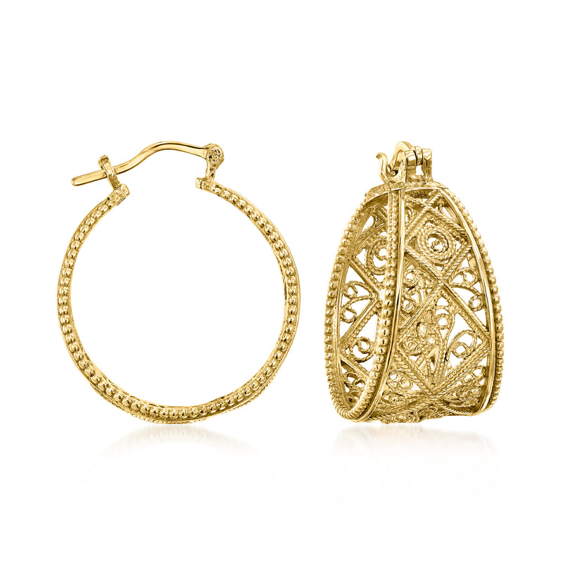 Graduated filigree hoop earrings in yellow gold-plated finish, openwork geometric design