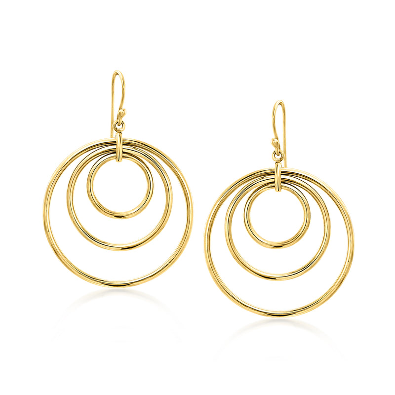 Gold-plated triple-circle drop earrings with earwire, layered round loops