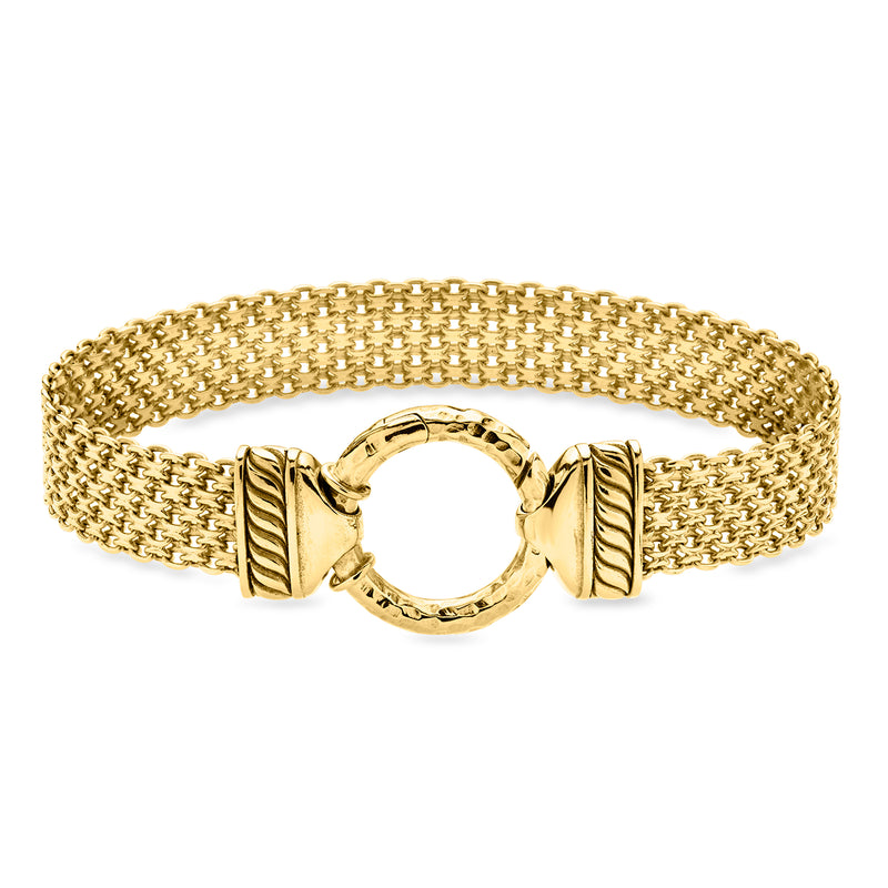 Gold-plated Bismarck-link bracelet with round clasp and ribbed end pieces