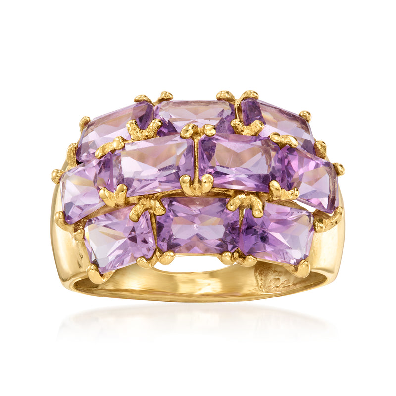 14k yellow gold amethyst ring with three large rectangular cushion stones and raised prongs
